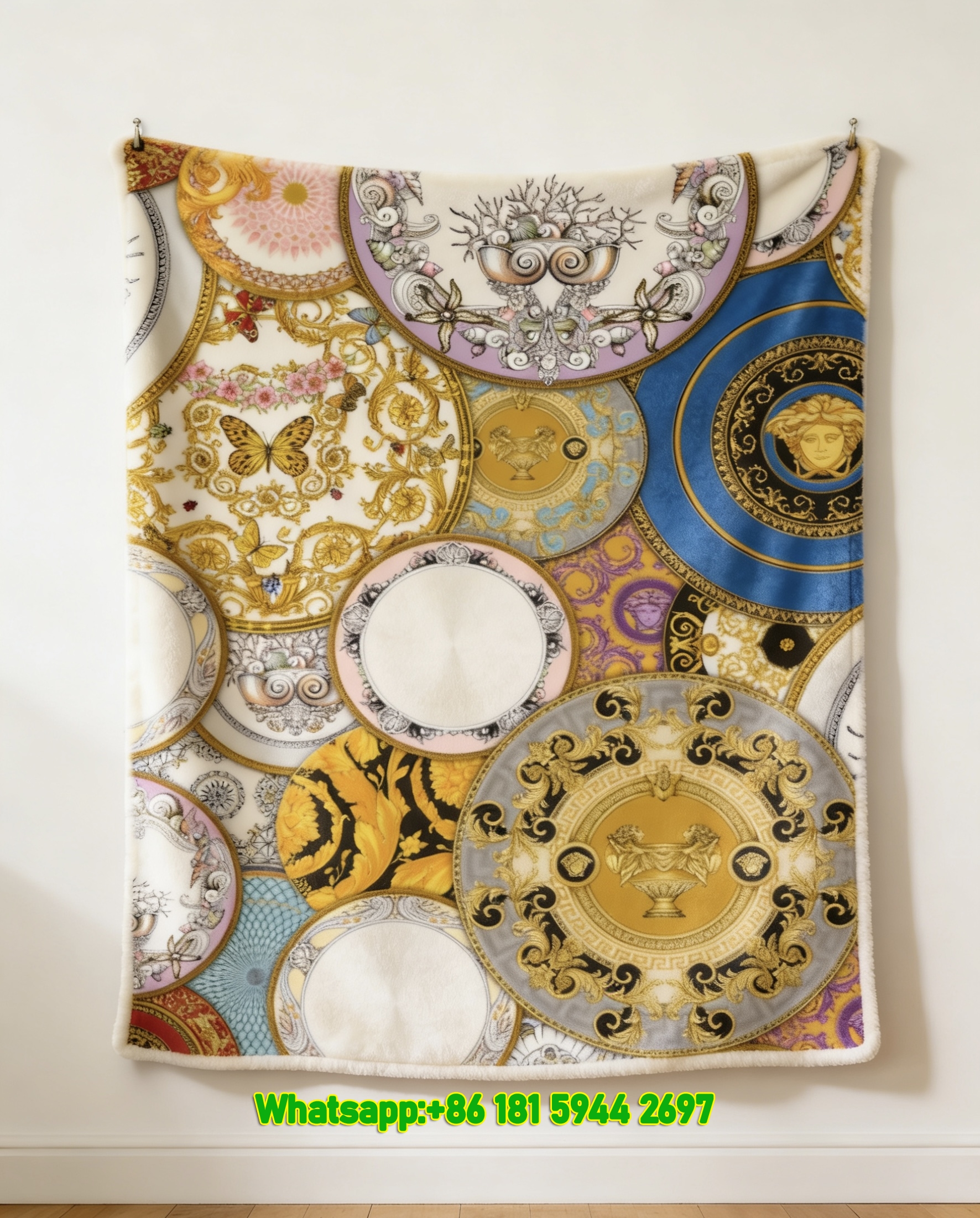 Versace Multicolor Plate Collage Pattern Flannel Throw Blanket IMG_1455
